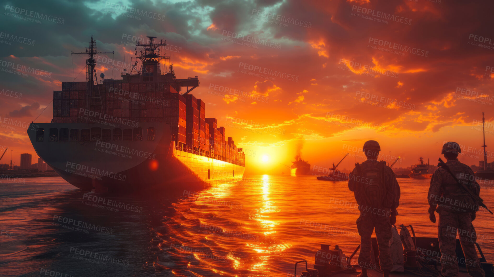 Buy stock photo Cargo ship, soldier and Silhouette for Security, transport, and economics. Canal, safety and military for global delivery. Goods, services and stock for distribution to international market.