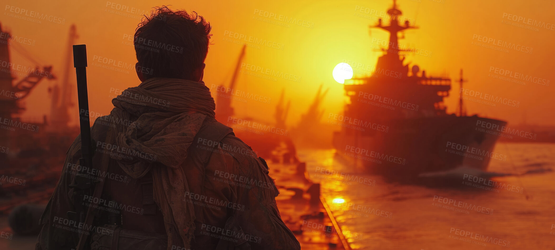 Buy stock photo Battleship, soldier and Silhouette for Security, transport, and economics. Canal, safety and military for global delivery. Goods, services and stock for distribution to international market.