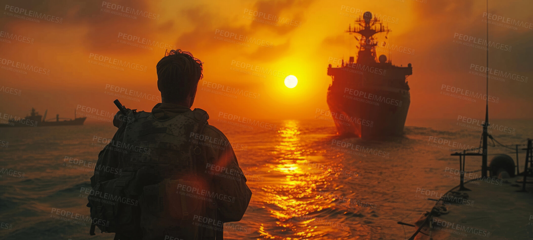 Buy stock photo Battleship, soldier and Silhouette for Security, transport, and economics. Canal, safety and military for global delivery. Goods, services and stock for distribution to international market.