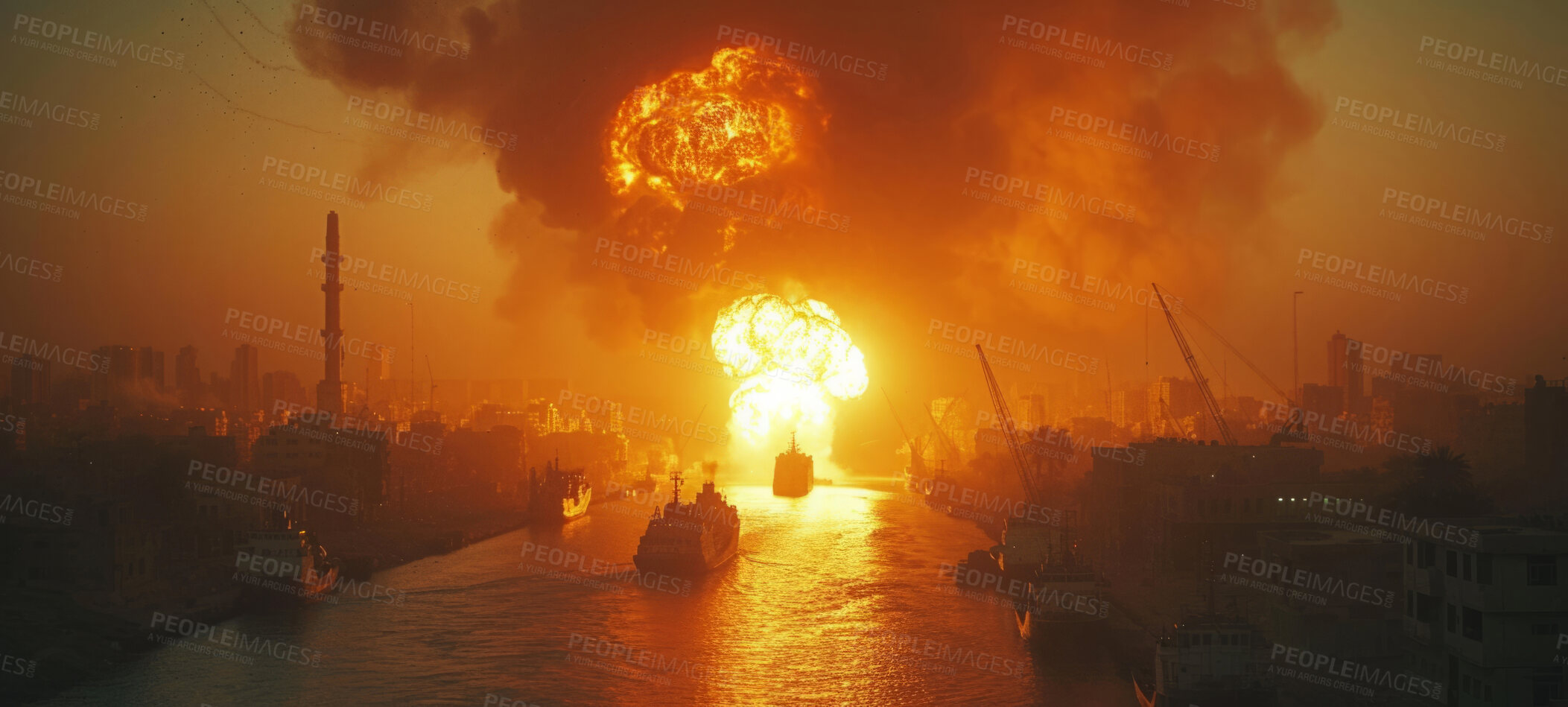 Buy stock photo Battleship, Explosion and Silhouette with Security, transport and war. Canal, safety and military for global delivery. Goods, services and stock for distribution to international market.