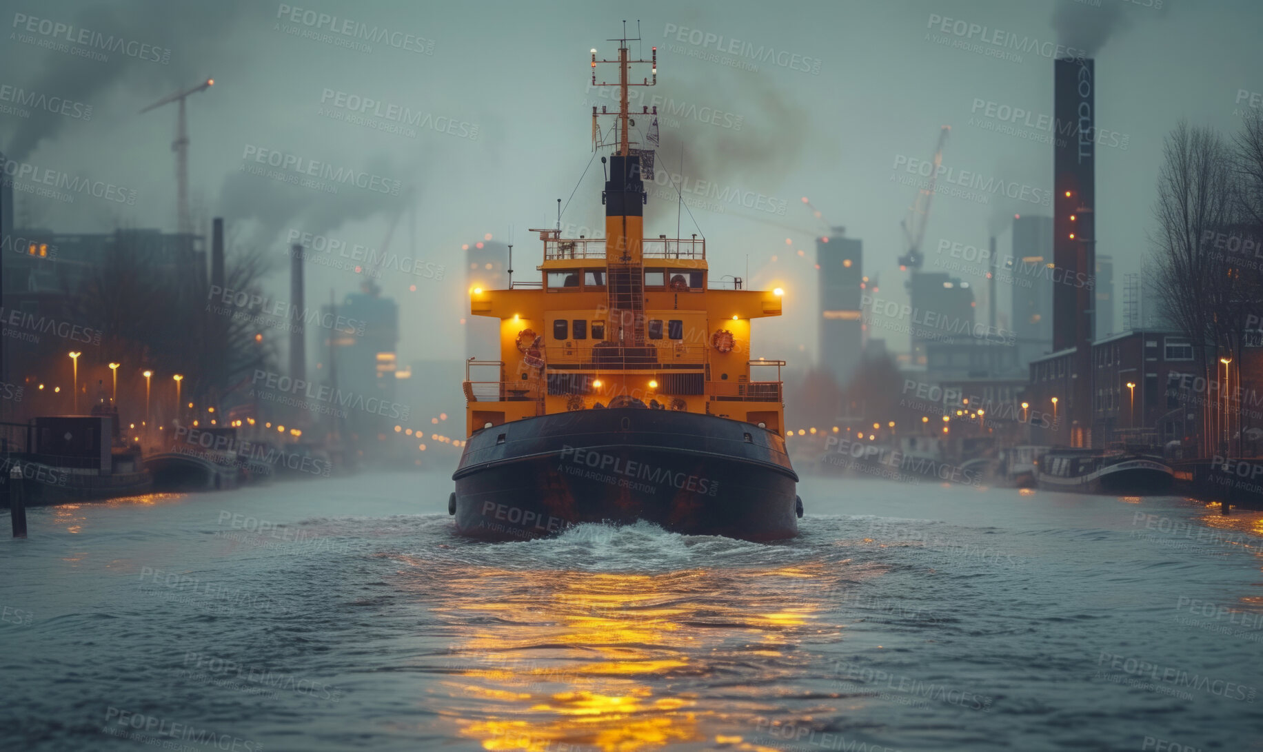Buy stock photo Towing boat, harbour and sailing for vessels, transport, and economics. Freight, assistance and export for global delivery. Goods, services and stock for distribution to international market.
