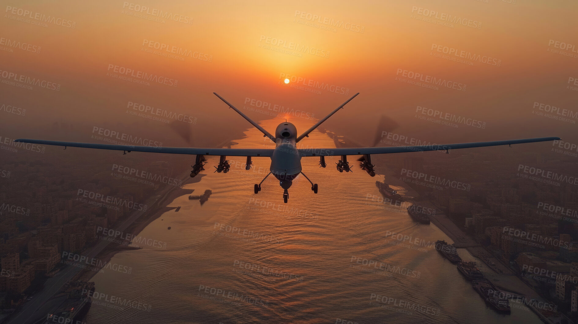 Buy stock photo Surveillance drone, silhouette and sunset for Security, transport, and economics. Canal, safety and military for global delivery. Goods, services and stock for distribution to international market.