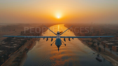 Surveillance drone, silhouette and sunset for Security, transport, and economics. Canal, safety and military for global delivery. Goods, services and stock for distribution to international market.