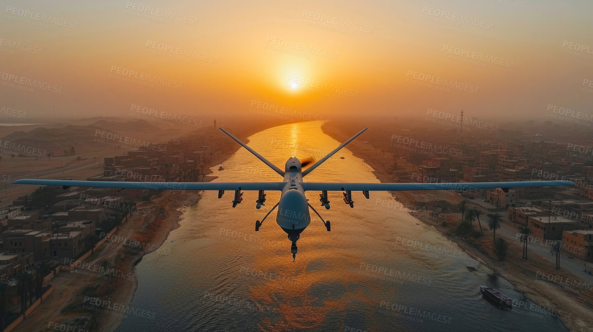 Buy stock photo Surveillance drone, silhouette and sunset for Security, transport, and economics. Canal, safety and military for global delivery. Goods, services and stock for distribution to international market.