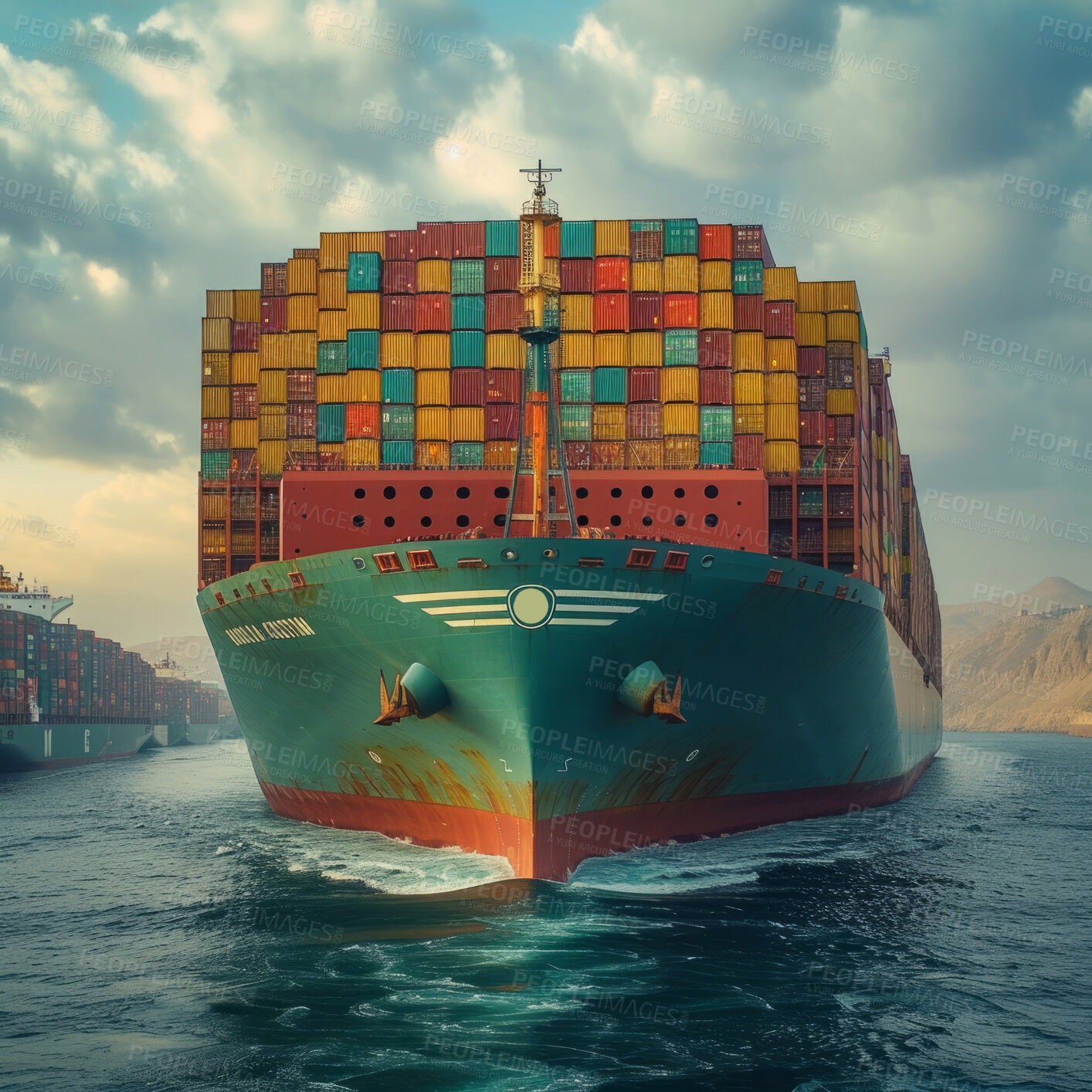 Buy stock photo Cargo ship, Ocean and container for trade, transport, and economics. Freight, long journey and export for global delivery. Goods, services and stock for distribution to international market.