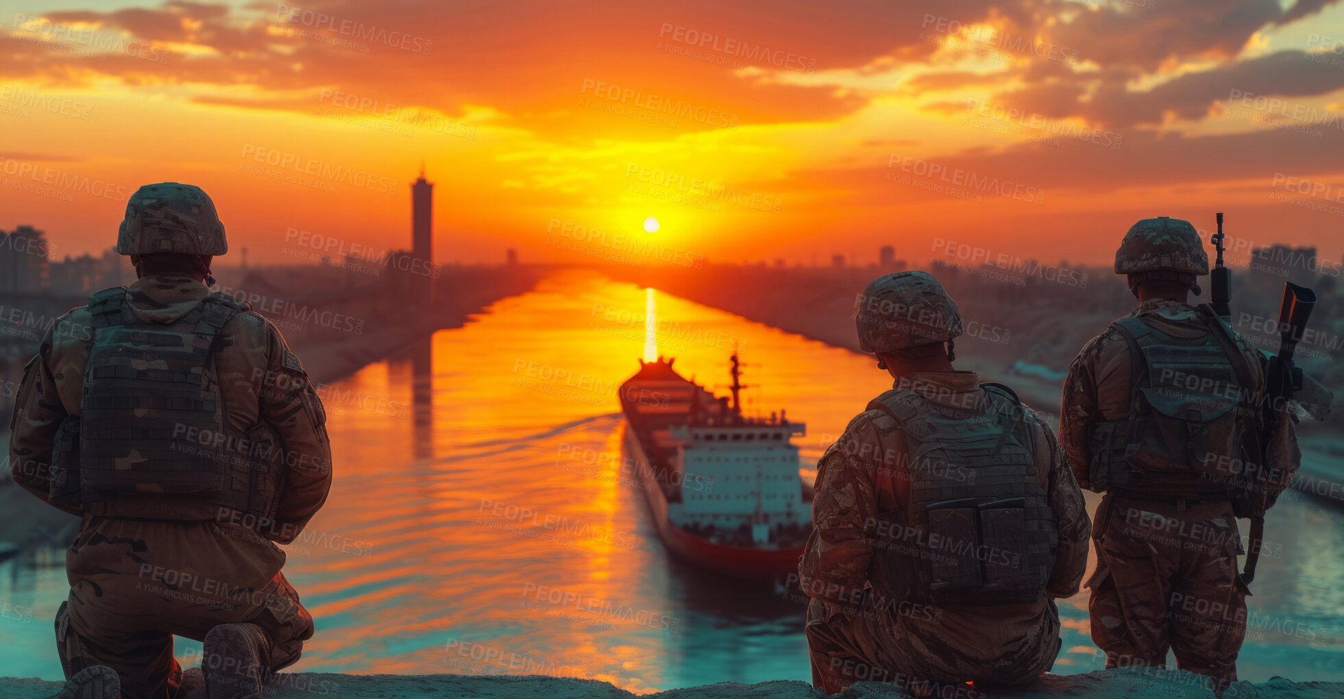 Buy stock photo Cargo ship, soldier and Silhouette for Security, transport, and economics. Canal, safety and military for global delivery. Goods, services and stock for distribution to international market.