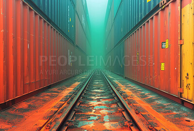Buy stock photo Cargo ship, harbour and container for trade, transport, and economics. Freight, long journey and export for global delivery. Goods, services and stock for distribution to international market.