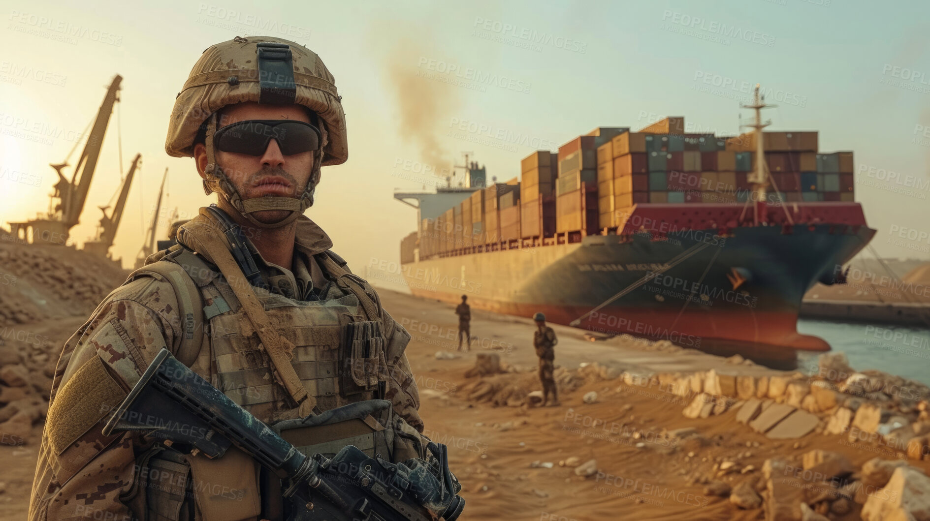 Buy stock photo Cargo ship, soldier and container for Security, transport, and economics. Canal, safety and military for global delivery. Goods, services and stock for distribution to international market.