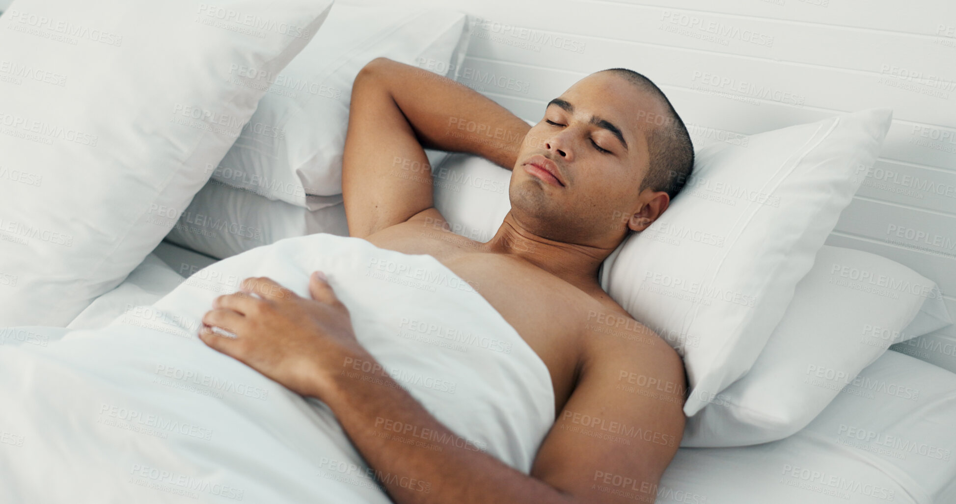 Buy stock photo Man, eyes closed and sleeping in bed at home, peace and dreaming or relax on sunday morning. Male person, comfortable and blanket for resting, lazy and house nap on soft bedding and calm on weekend