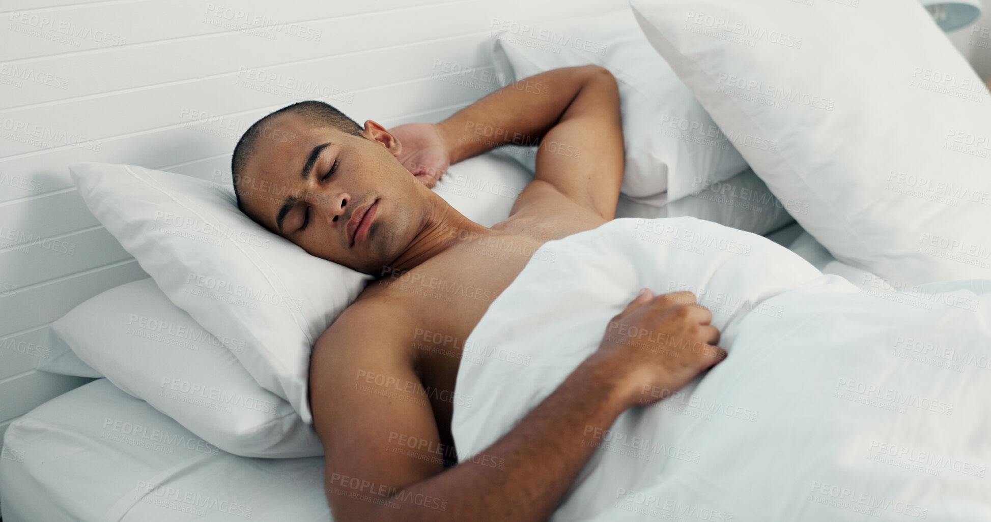 Buy stock photo Man, resting and sleeping in bed at home, peace and dreaming or relax on sunday morning. Male person, comfortable and blanket for stress relief, lazy and house nap on soft bedding and calm on weekend