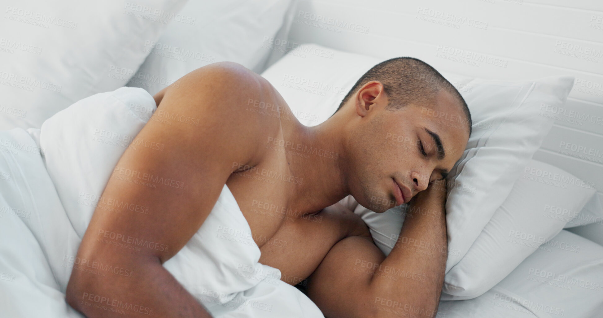 Buy stock photo Man, resting and sleeping in bed at home, peace and dreaming or relax on sunday morning. Male person, comfortable and blanket for stress relief, lazy and house nap on soft bedding and calm on weekend