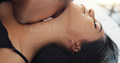 Buy stock photo Couple, kiss and intimate in bedroom for sex, people bonding for relationship and passion with love and trust at home. Foreplay, lust and seduction on Valentines day with sexual moment and romance