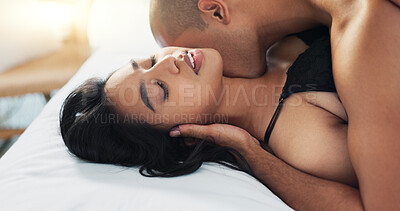 Sex, man woman with neck kiss, passion and intimacy for love and lust in marriage with couple in bed together. Foreplay, seduction and trust with romance on Valentines day and sexual moment at home