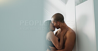 Sex, man and woman kiss for foreplay, passion for love and lust in marriage with couple together and intimacy. Desire, seduction and trust with romance on Valentines day and sexual moment at home