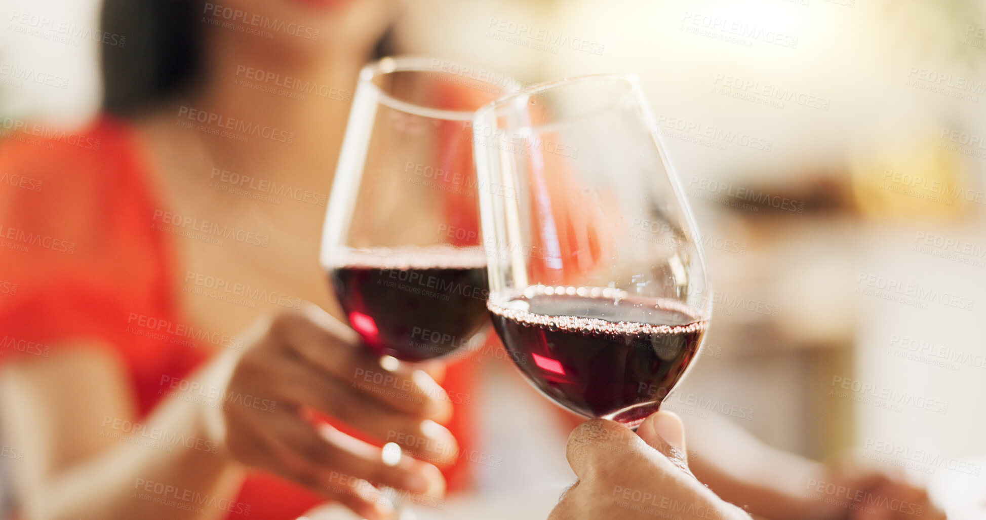 Buy stock photo Couple, hands and toast with red wine for celebration of love, romance and valentines day on their anniversary. People or lover on date with glasses, drinks and alcohol for cheers, success and luxury