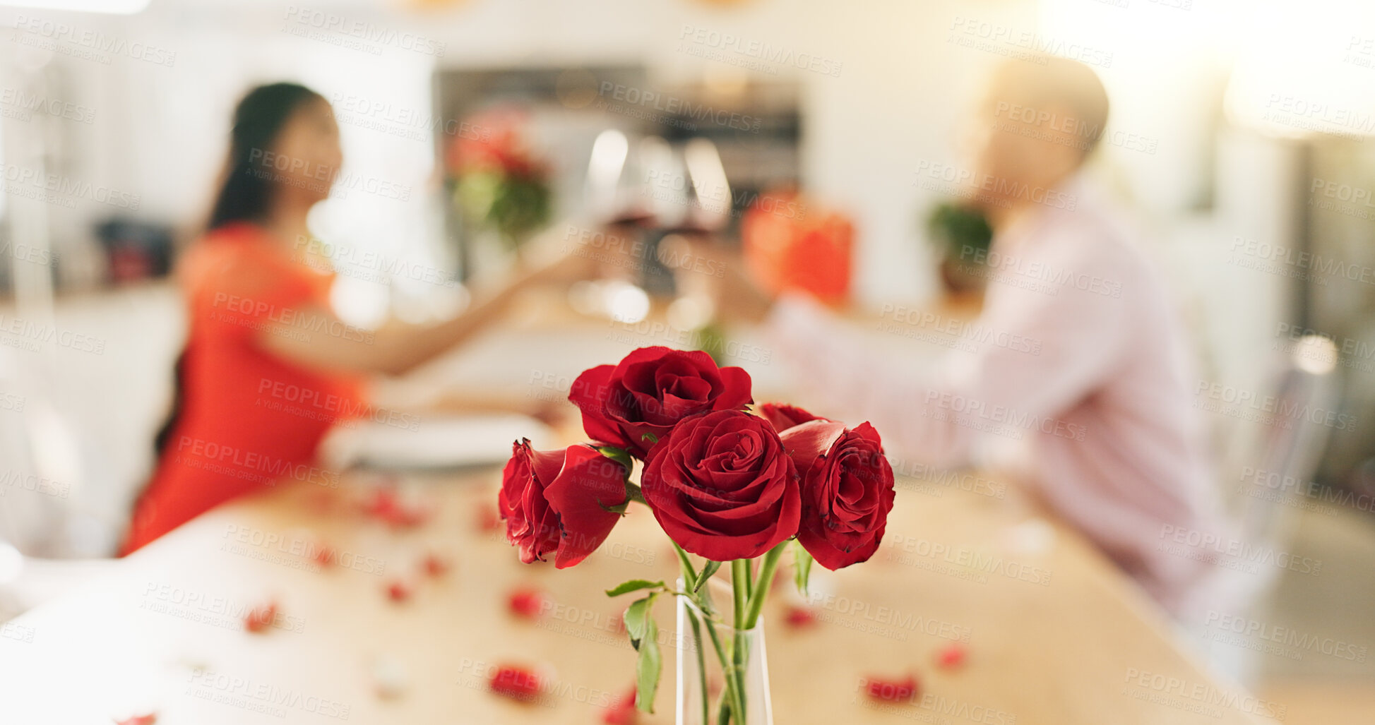 Buy stock photo Couple, roses and toast at home with wine glass for celebration of love, romance and valentines day. People cheers for date success, drinking red champagne and luxury dinner at a table with flowers