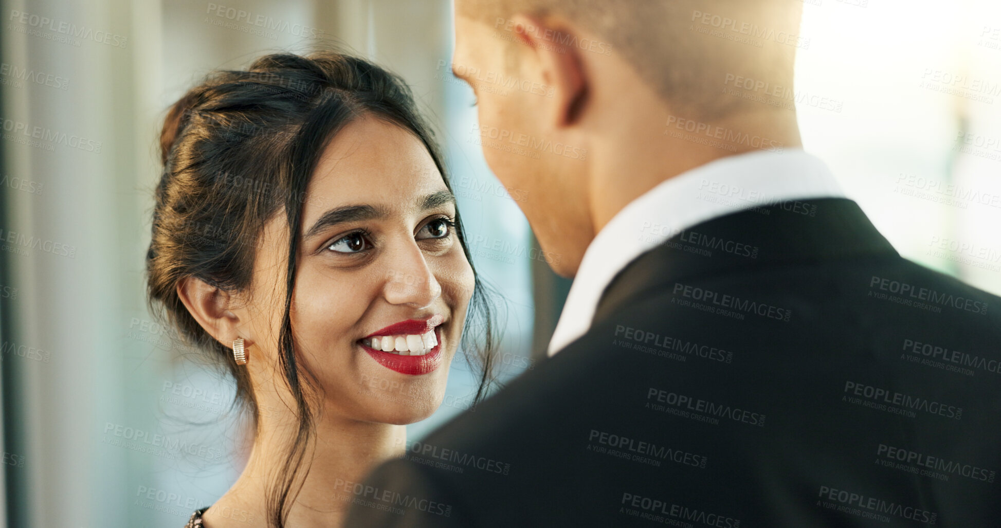 Buy stock photo Happy couple, hugging and love in marriage or romance on date, together and trust at home. People, embrace and security in relationship on valentines day, support and care or joy for lovers affection