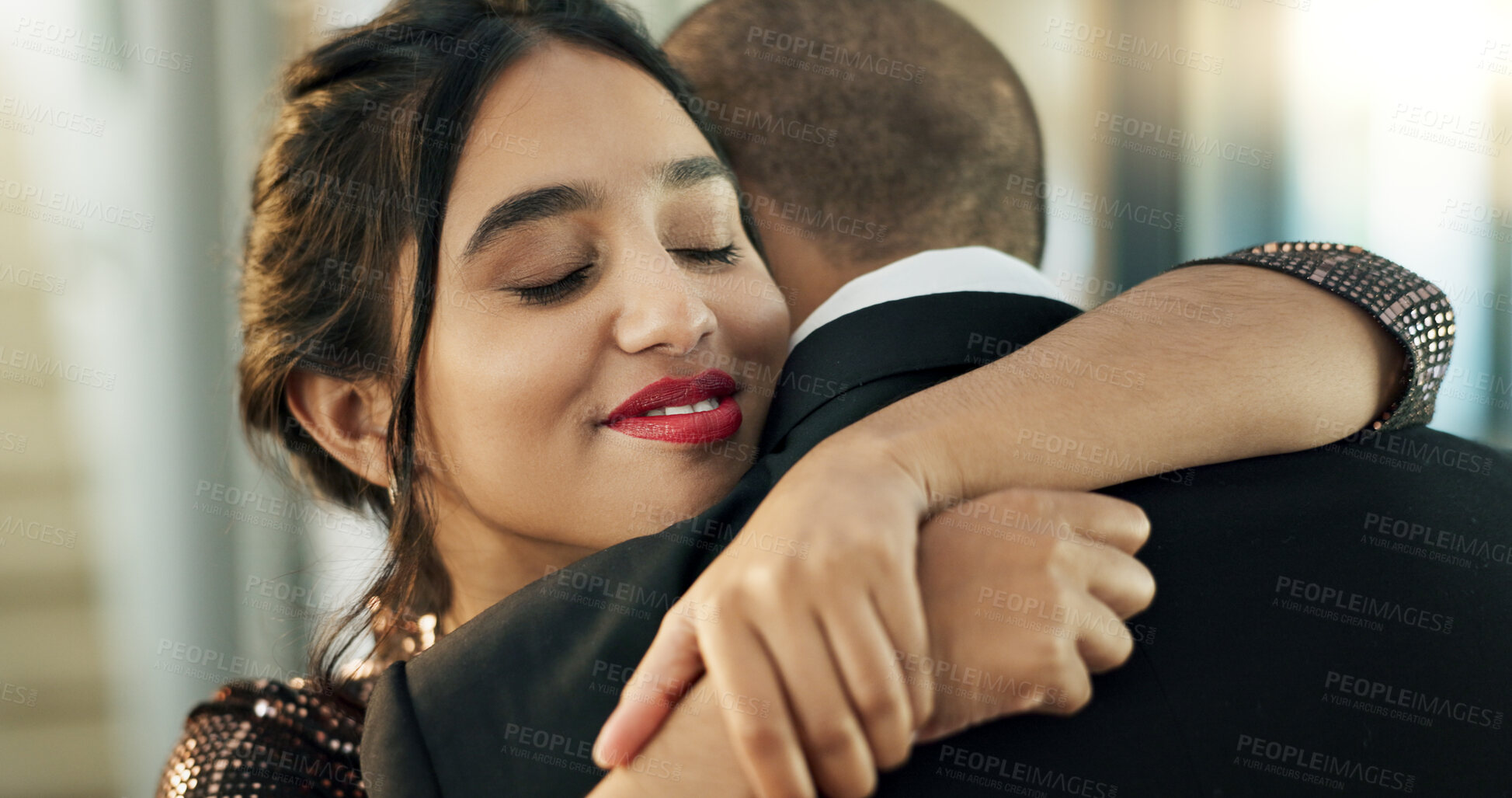 Buy stock photo Happy couple, hugging and love in marriage or romance on date, together and trust at home. People, embrace and security in relationship on valentines day, support and care or joy for lovers affection