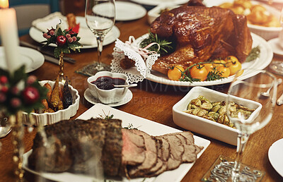 Buy stock photo High angle shot of a feast on a table during Christmas