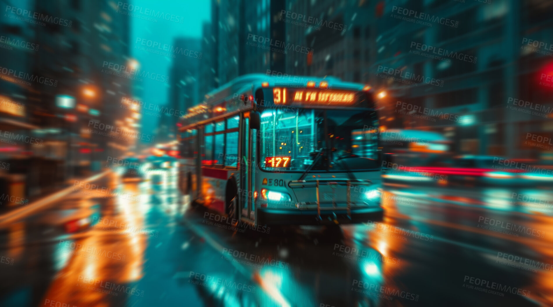 Buy stock photo Bus, transportation and public transport shuttle for commuting service, passengers and travel. Bokeh, colourful night lights and city view for background, copyspace and busy urban highway traffic