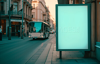Bus stop, blank banner and advertisement mockup for graphic design, copyspace or commercial ad. Empty, frame and white clean canvas for advertising, marketing strategy and poster in the urban city