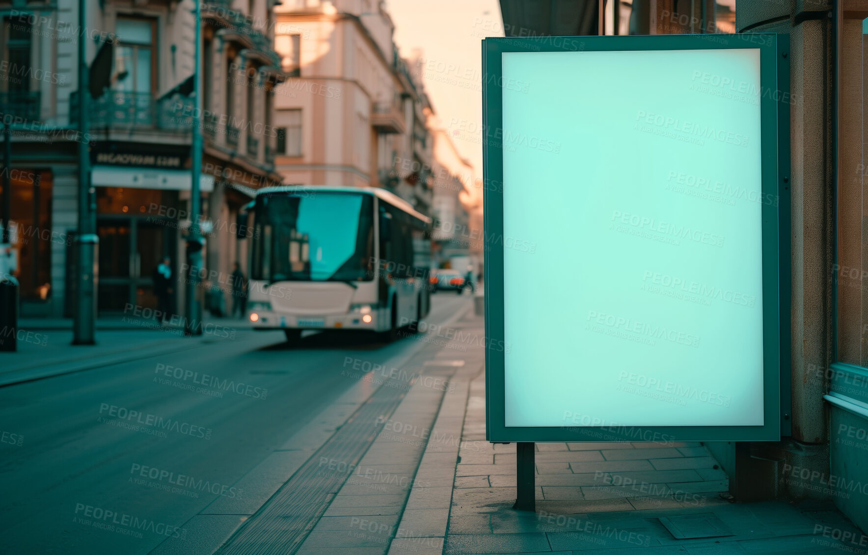 Buy stock photo Bus stop, blank banner and advertisement mockup for graphic design, copyspace or commercial ad. Empty, frame and white clean canvas for advertising, marketing strategy and poster in the urban city