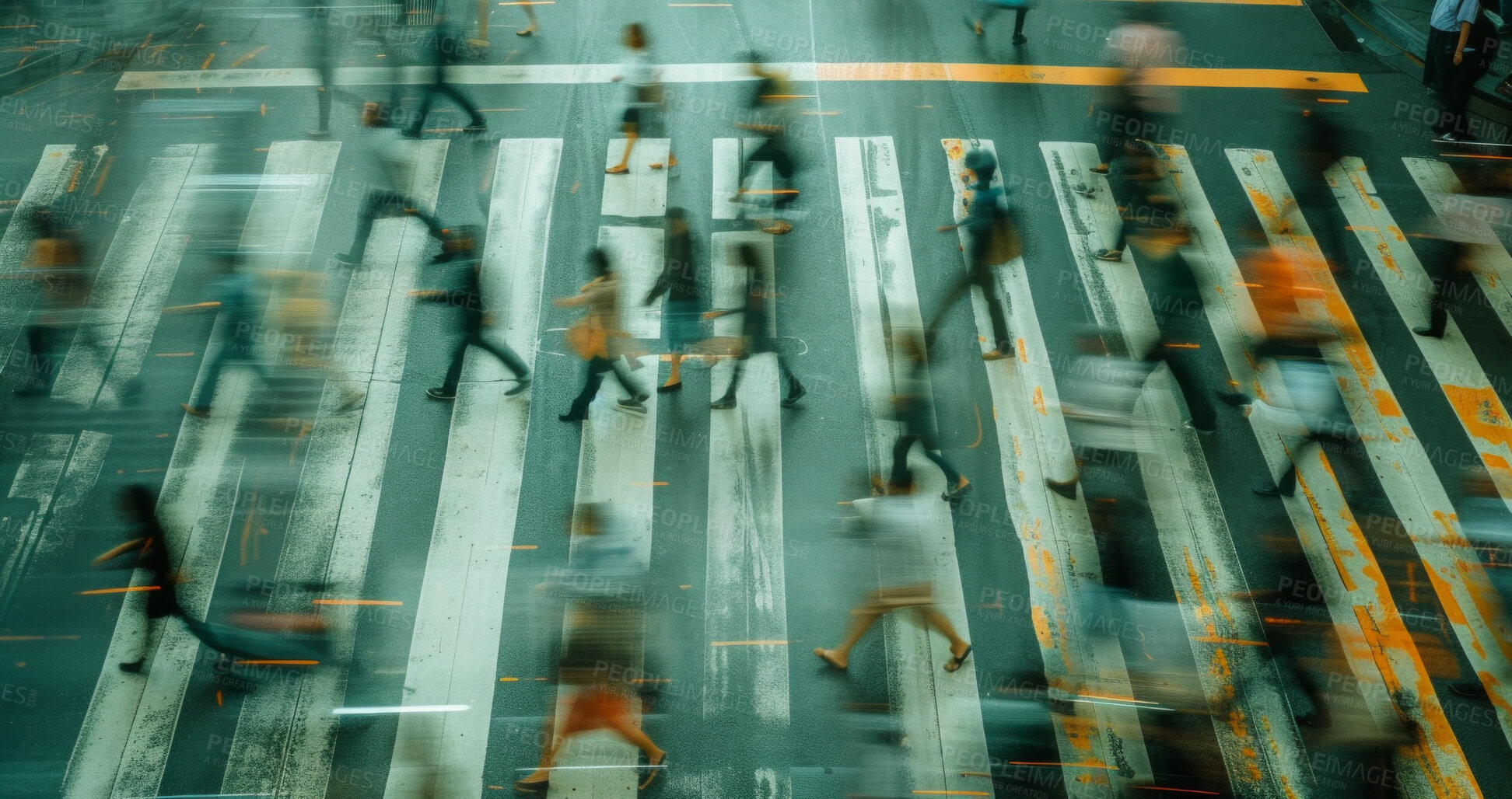 Buy stock photo Abstract, background and group of people walking in the city for population, urban foot traffic and workers. Blurred, movement and pedestrians rushing to work for mockup, copy space and design