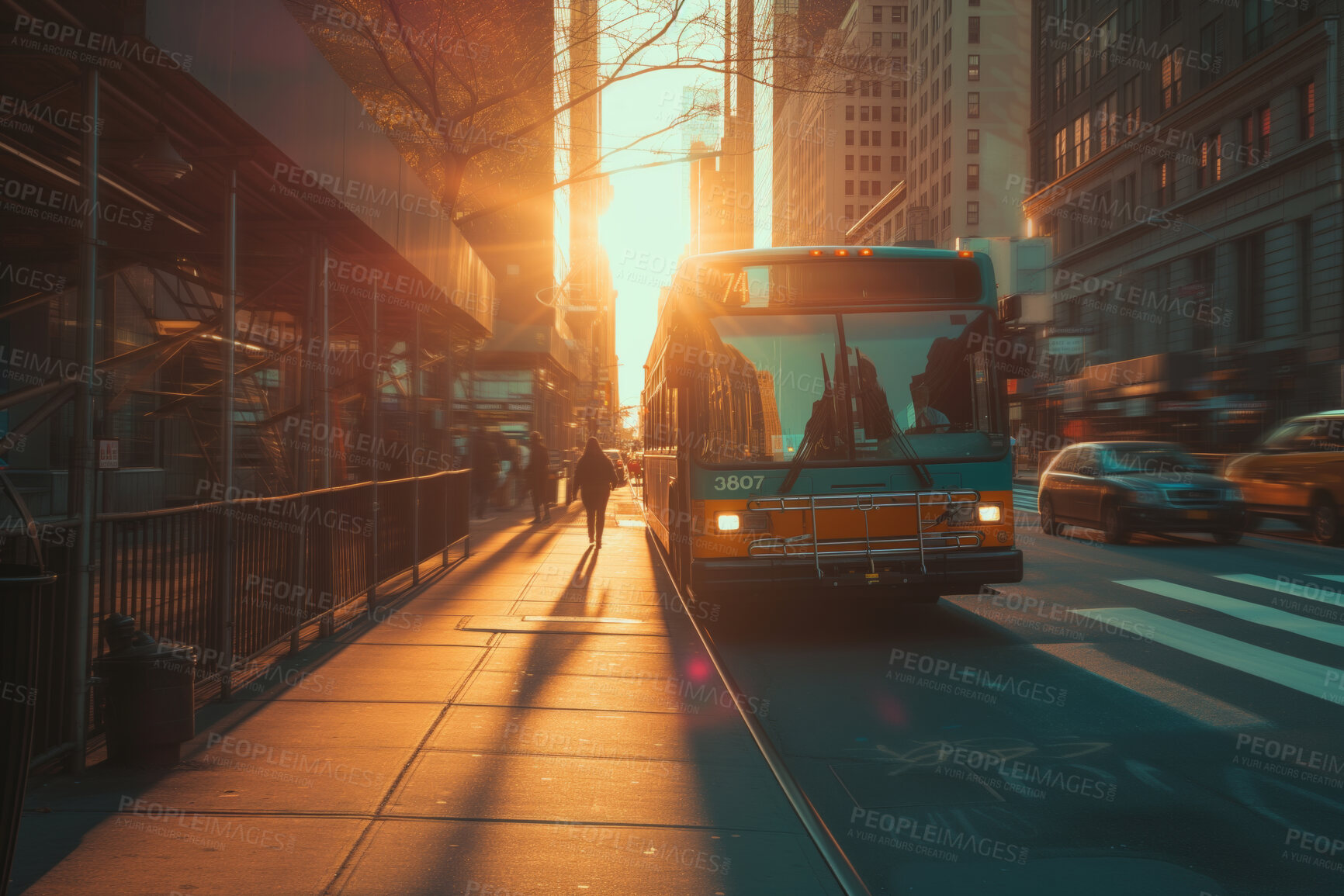 Buy stock photo Bus, transportation and public transport shuttle for commuting service, passengers and travel. Sunrise, morning light beam and city view for background, copyspace and busy urban highway traffic