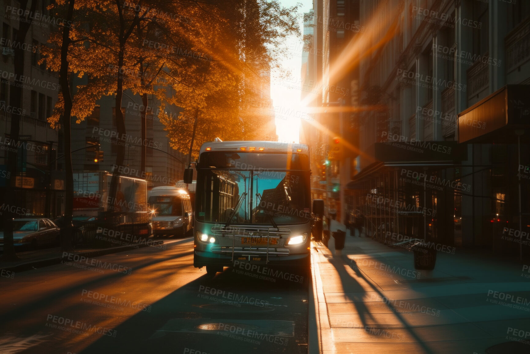 Buy stock photo Bus, transportation and public transport shuttle for commuting service, passengers and travel. Sunrise, morning light beam and city view for background, copyspace and busy urban highway traffic