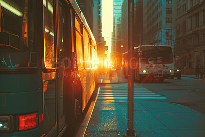 Bus, transportation and public transport shuttle for commuting service, passengers and travel. Sunrise, morning light beam and city view for background, copyspace and busy urban highway traffic
