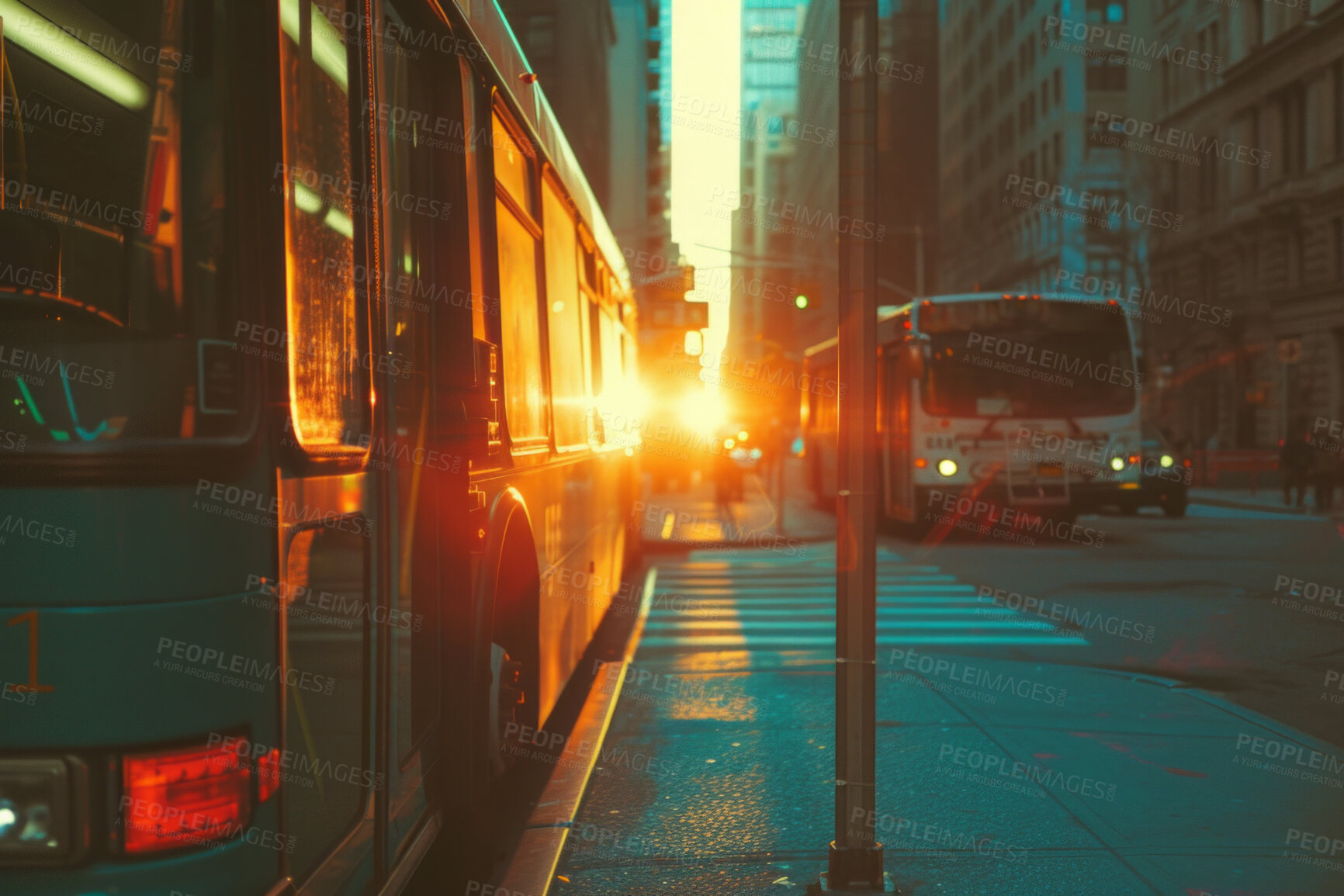 Buy stock photo Bus, transportation and public transport shuttle for commuting service, passengers and travel. Sunrise, morning light beam and city view for background, copyspace and busy urban highway traffic