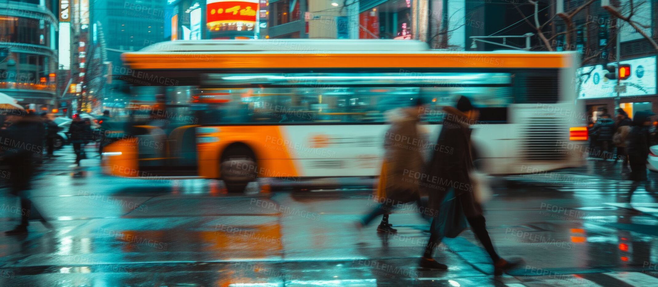 Buy stock photo Abstract, background and group of people walking in the city for population, urban foot traffic and workers. Blurred, movement and pedestrians rushing to work for mockup, copy space and design