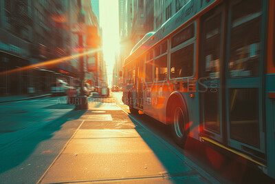 Bus, transportation and public transport shuttle for commuting service, passengers and travel. Sunrise, morning light beam and city view for background, copyspace and busy urban highway traffic