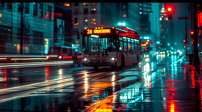 Bus, transportation and public transport shuttle for commuting service, passengers and travel. Bokeh, colourful night lights and city view for background, copyspace and busy urban highway traffic
