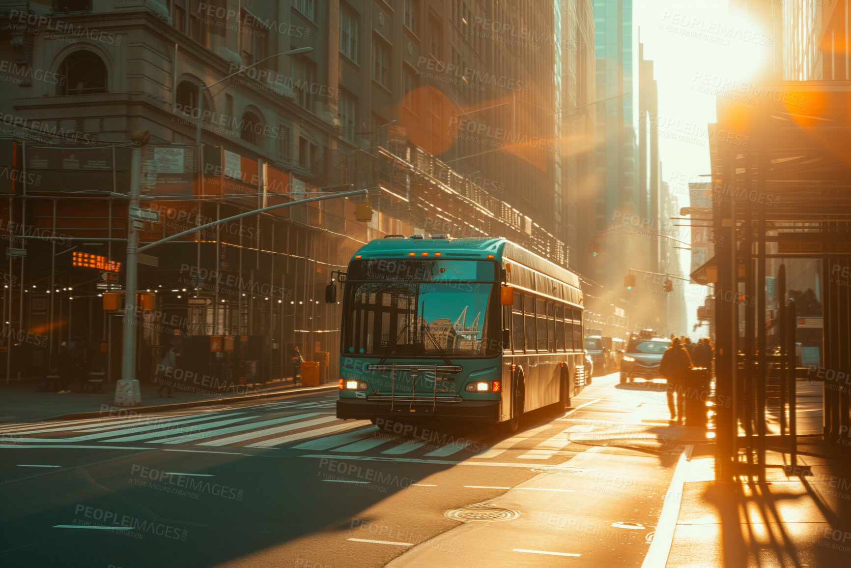 Buy stock photo Bus, transportation and public transport shuttle for commuting service, passengers and travel. Sunrise, morning light beam and city view for background, copyspace and busy urban highway traffic