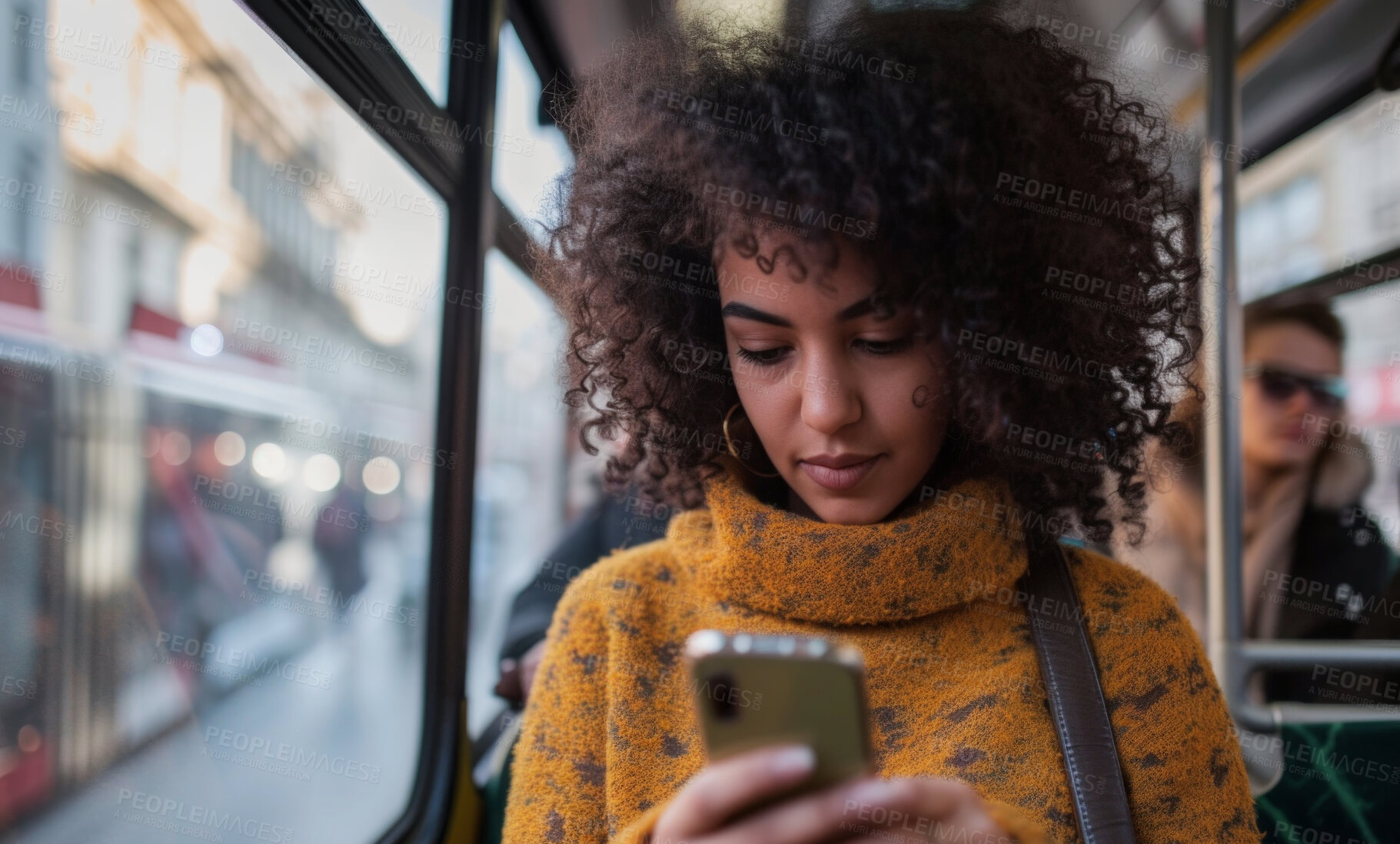 Buy stock photo Woman, smartphone and morning bus ride to the office for public transport, wifi connection and typing text message. Single female, employee and student in city transportation for travel and explore