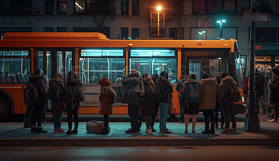 Bus stop, background and group of people lineup in the city for commute, public transport and workers. Employee, students and pedestrians waiting in line for work for mockup, copy space and design