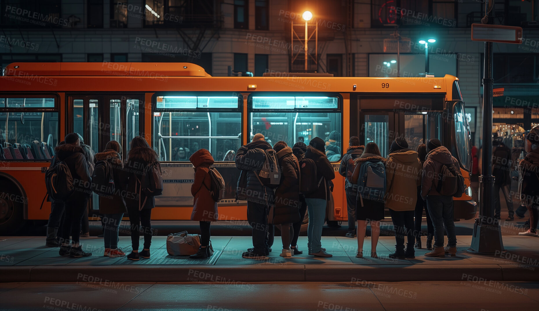 Buy stock photo Bus stop, background and group of people lineup in the city for commute, public transport and workers. Employee, students and pedestrians waiting in line for work for mockup, copy space and design