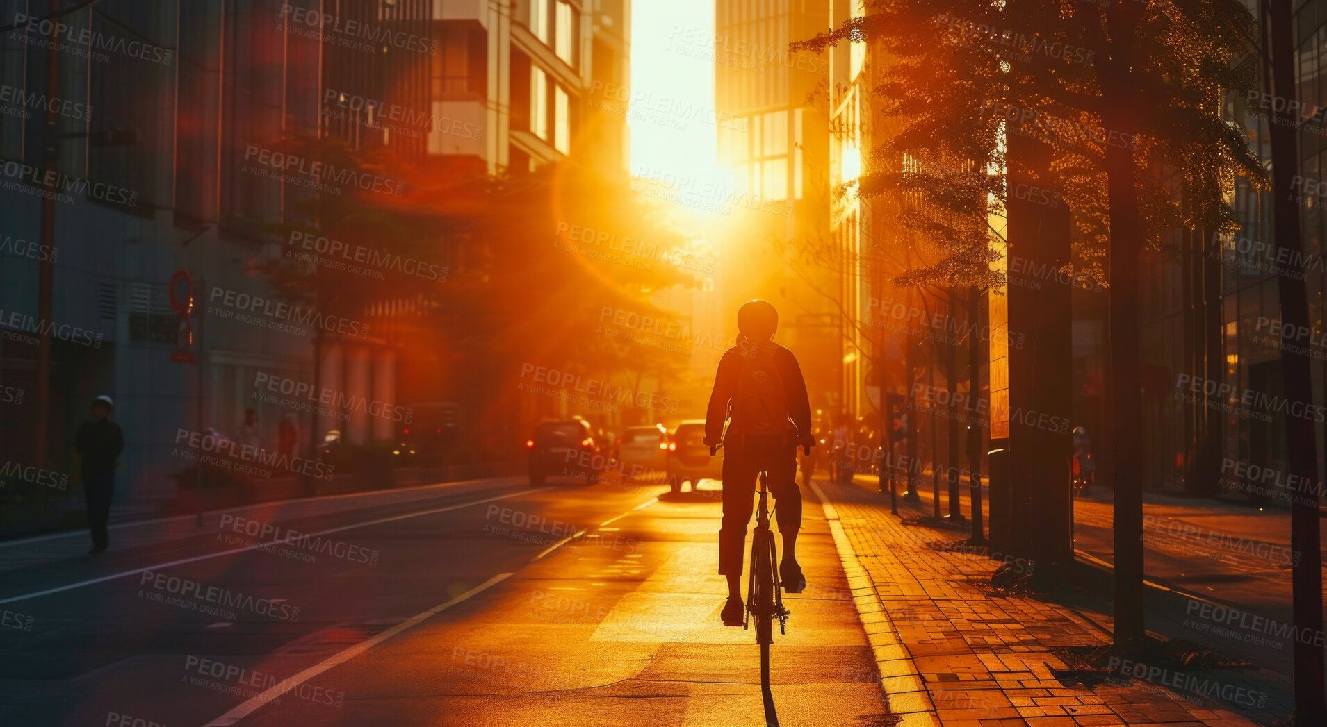 Buy stock photo Man, bicycle and environmentally friendly transport for commute, transportation and travel. Sunrise, morning light and dawn background of male or worker on bike on his way to the office or home