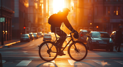 Man, bicycle and environmentally friendly transport for commute, transportation and travel. Sunrise, morning light and dawn background of male or worker on bike on his way to the office or home