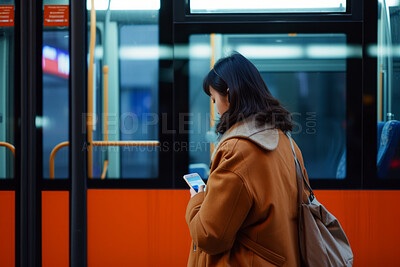 Smartphone, bus stop and woman waiting for shuttle for public transport, wifi connection and typing text message. Female, employee and student looking for city transportation for travel and explore
