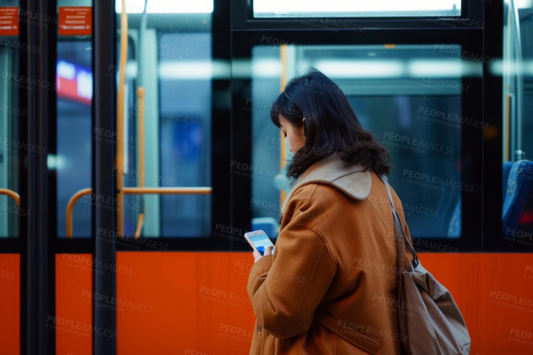 Buy stock photo Smartphone, bus stop and woman waiting for shuttle for public transport, wifi connection and typing text message. Female, employee and student looking for city transportation for travel and explore