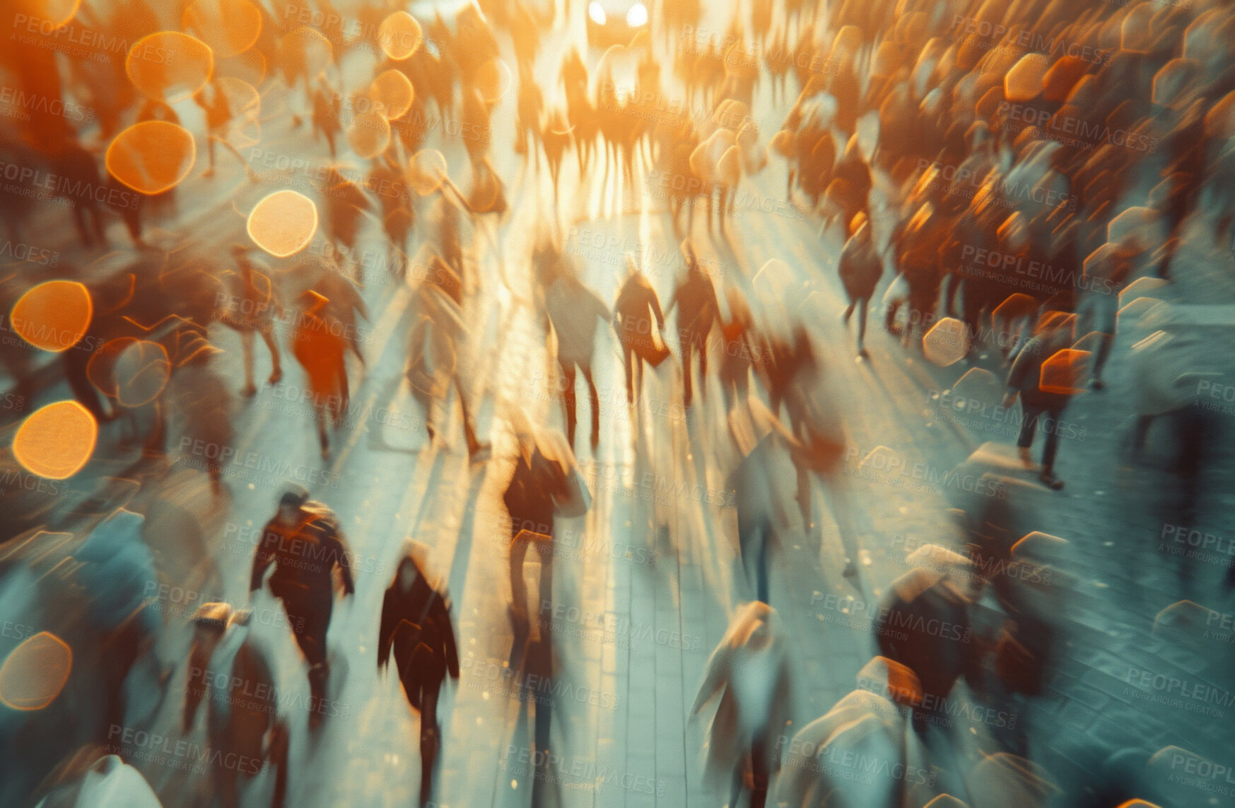 Buy stock photo Abstract, background and group of people walking in the city for population, urban foot traffic and workers. Blurred, movement and pedestrians rushing to work for mockup, copy space and design