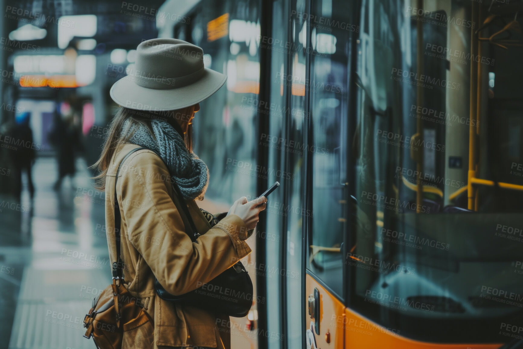 Buy stock photo Smartphone, bus stop and woman waiting for shuttle for public transport, wifi connection and typing text message. Female, employee and student looking for city transportation for travel and explore