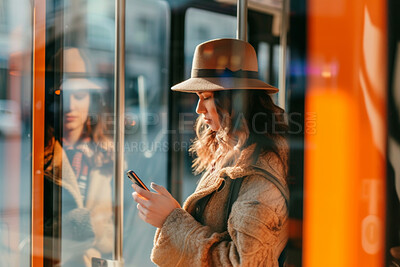 Woman, smartphone and morning bus ride to the office for public transport, wifi connection and typing text message. Single female, employee and student in city transportation for travel and explore