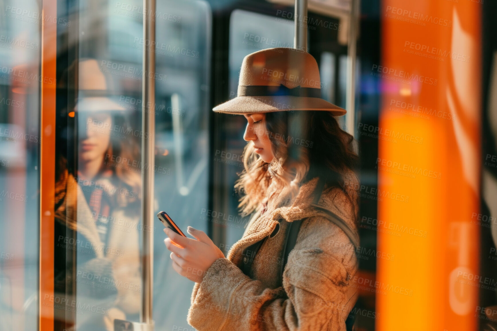 Buy stock photo Woman, smartphone and morning bus ride to the office for public transport, wifi connection and typing text message. Single female, employee and student in city transportation for travel and explore