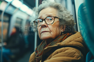 Senior woman, person and morning bus ride to destination for public transport, holiday and vacation. Elderly female, pensioner and tourist in city transportation for travel and explore