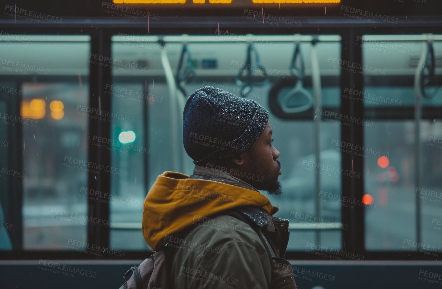 Buy stock photo City, bus stop and young man waiting for shuttle for public transport, commute and transportation in the city. African male, employee and student at a station for commuting, explore and urban travel