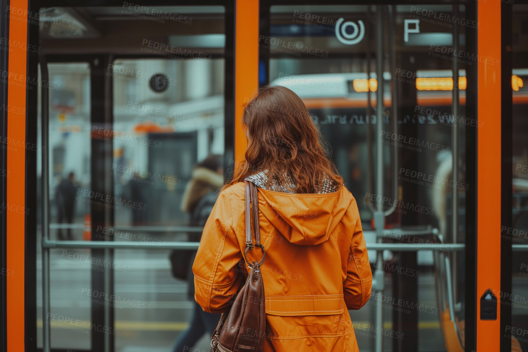 Buy stock photo Smartphone, bus stop and woman waiting for shuttle for public transport, wifi connection and typing text message. Female, employee and student looking for city transportation for travel and explore