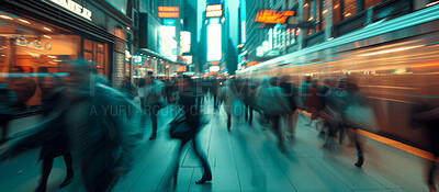 Abstract, background and group of people walking in the city for population, urban foot traffic and workers. Blurred, movement and pedestrians rushing to work for mockup, copy space and design